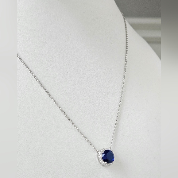 Sapphire Blue Round Halo Gemstone Necklace, 925 Sterling Silver - Picture 2 of 6